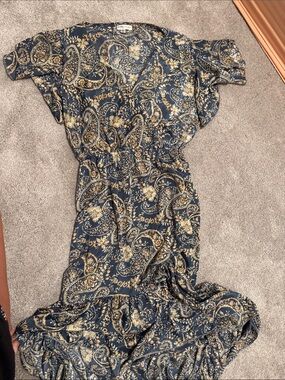 Paisley Print Navy and Gold Maxi Dress with Elastic Waist